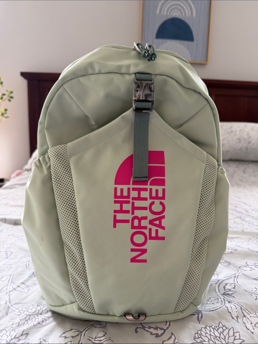 The North Face Sage Green Backpack with Pink Logo